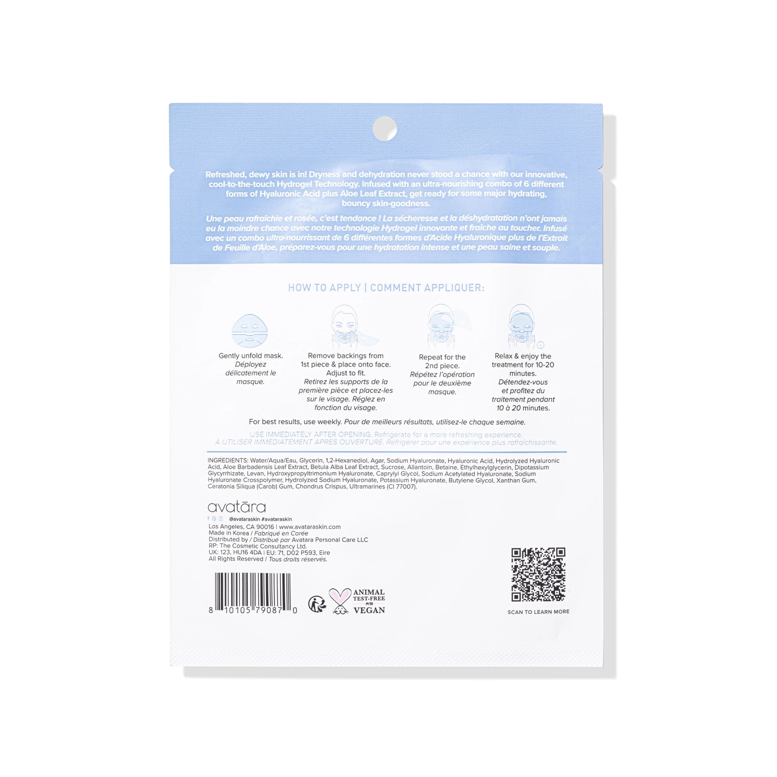 Masque hydrogel hydratant à l'acide hyaluronique