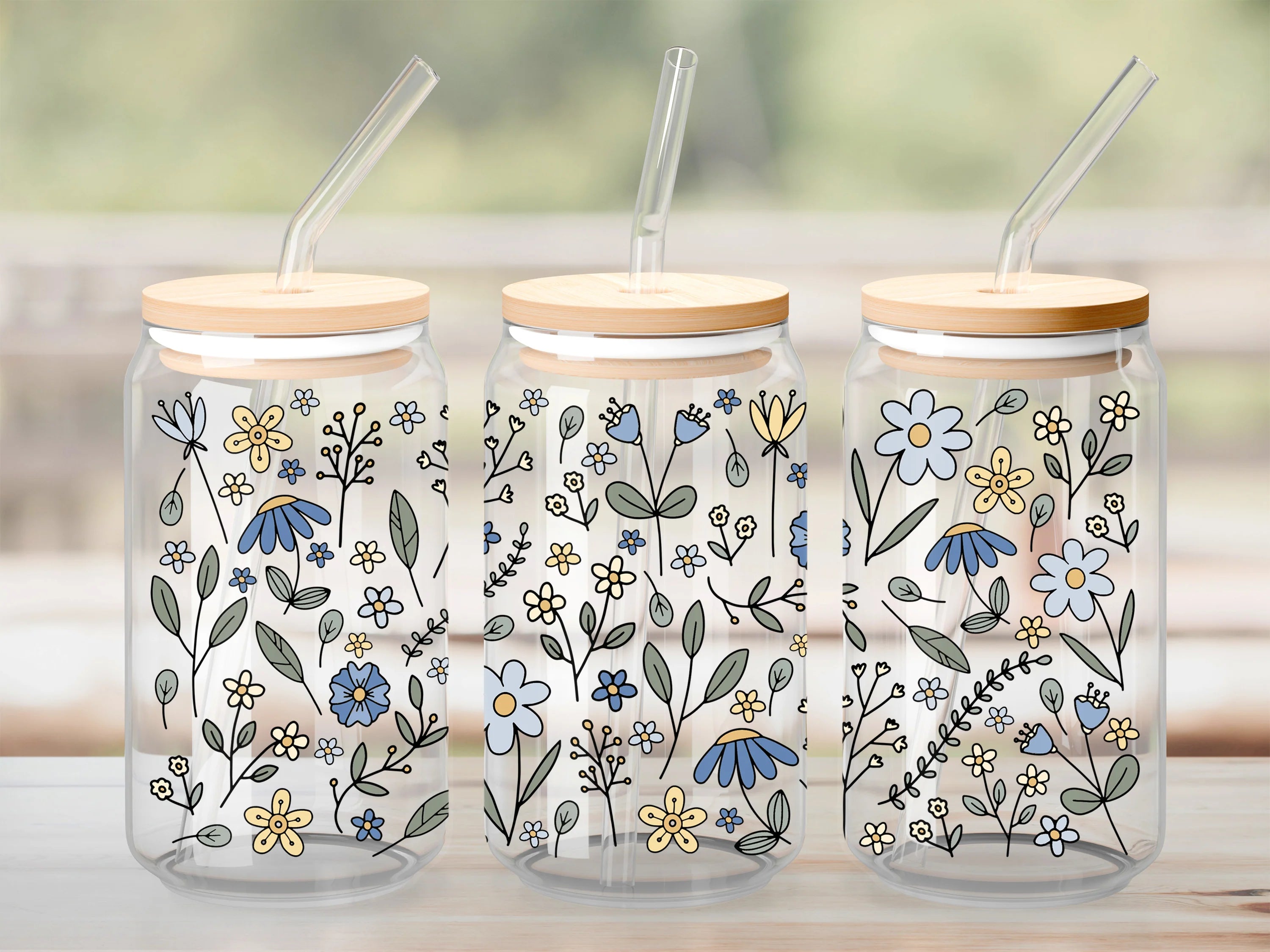 Verre à paille – Champs de fleurs bleues et jaunes