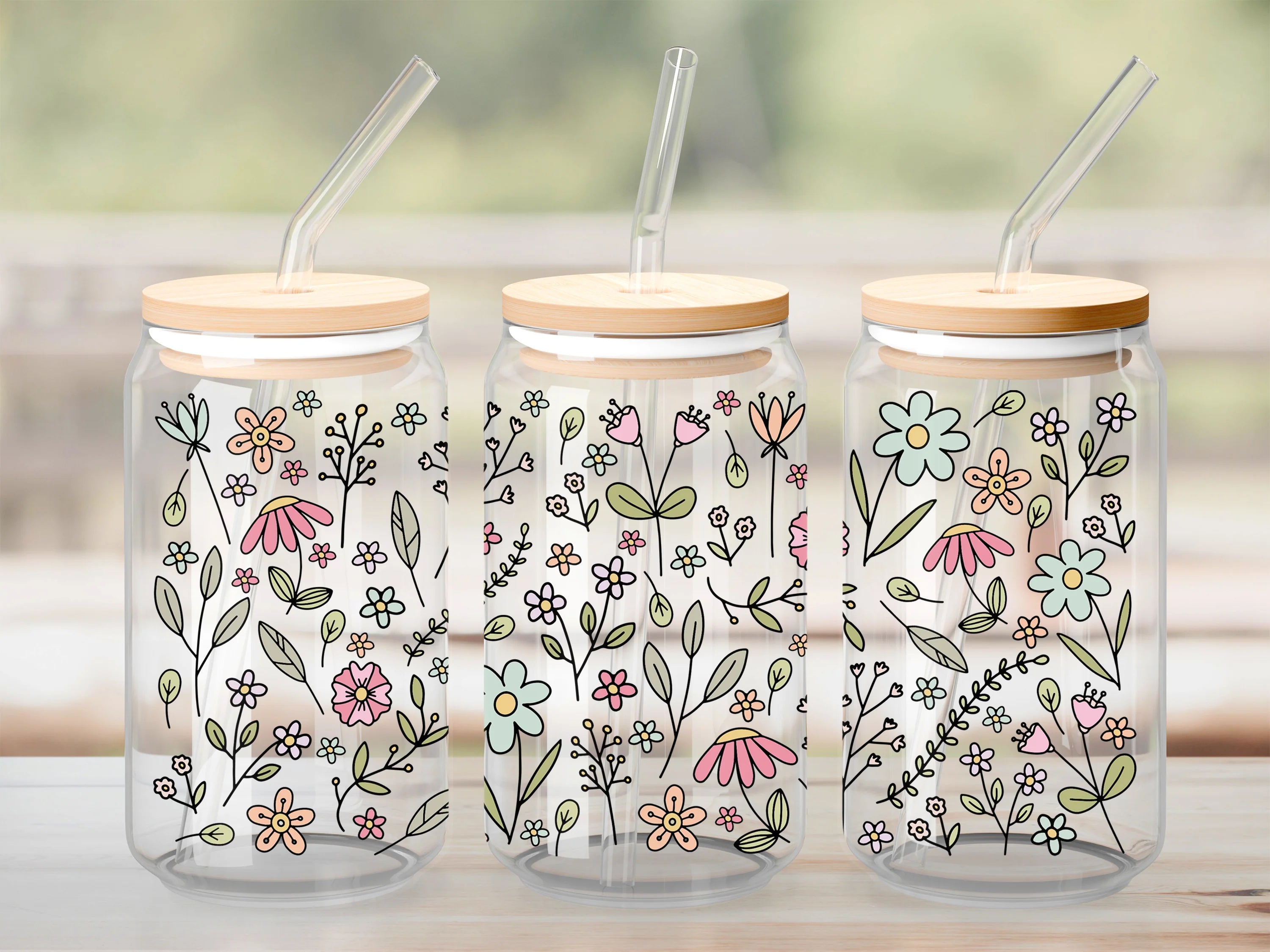 Verre à paille – Champs de fleurs rose et turquoise