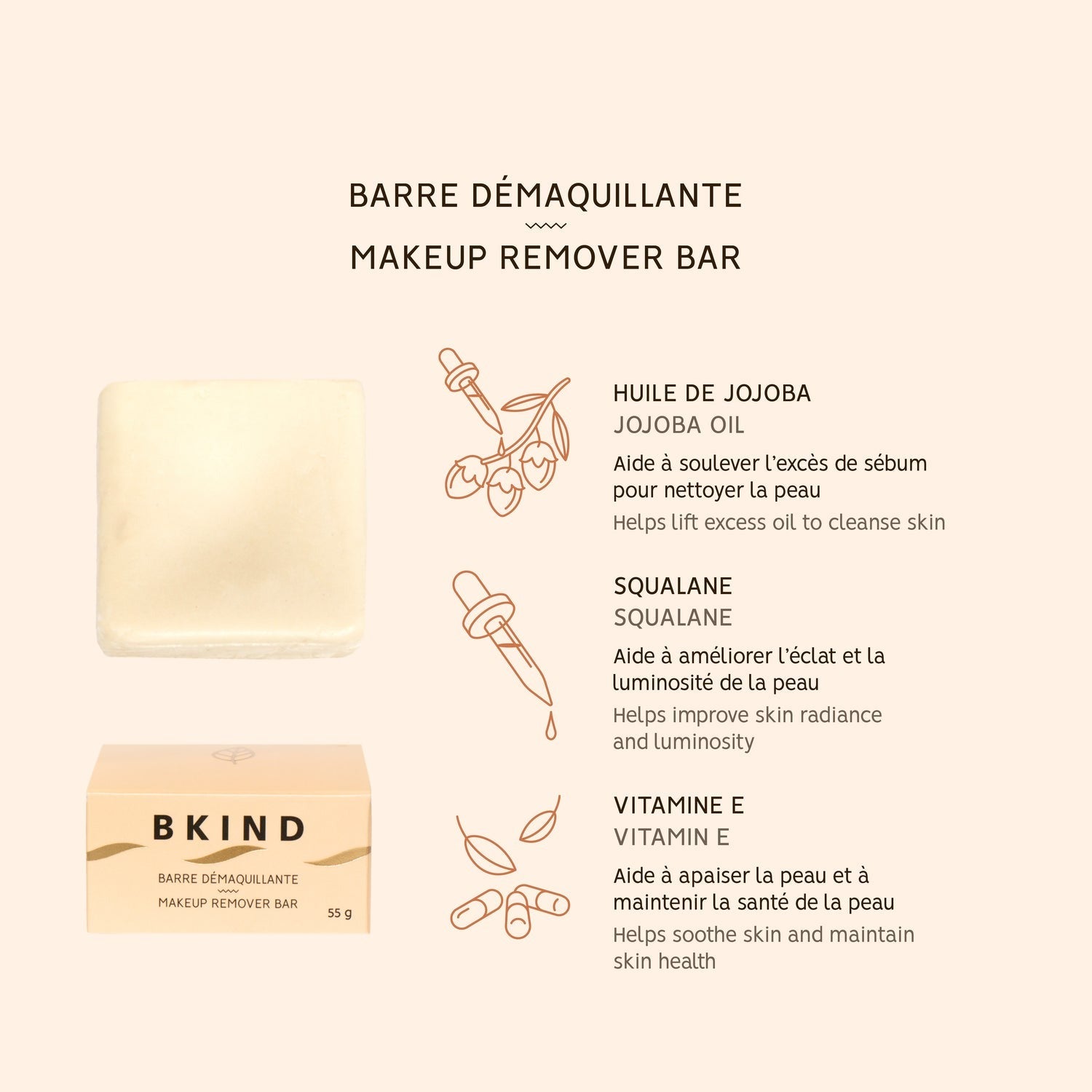Barre démaquillante avec squalane et vitamine E