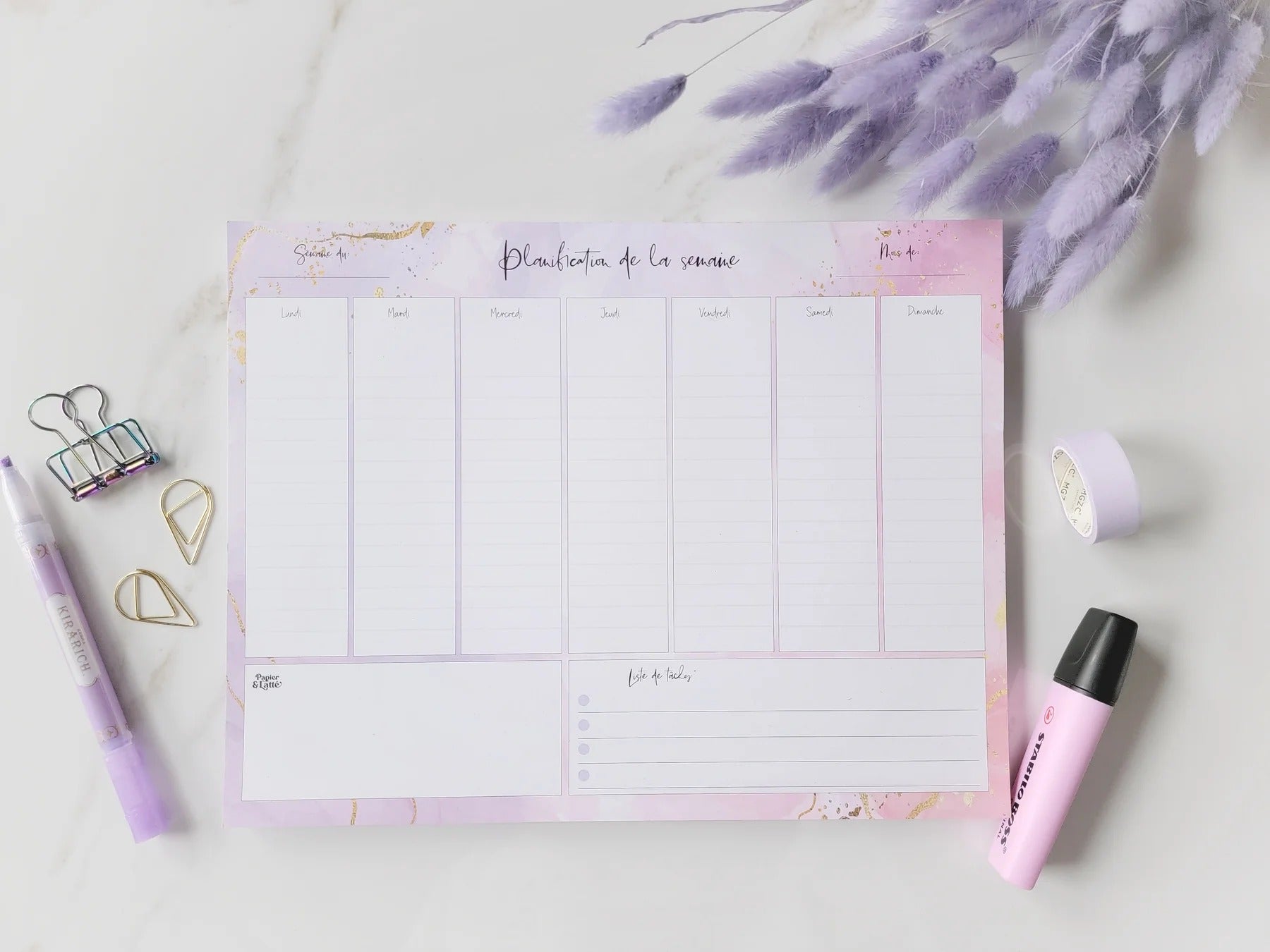 Planificateur - Mauve, rose et splash gold - 52 semaines - Perpétuel